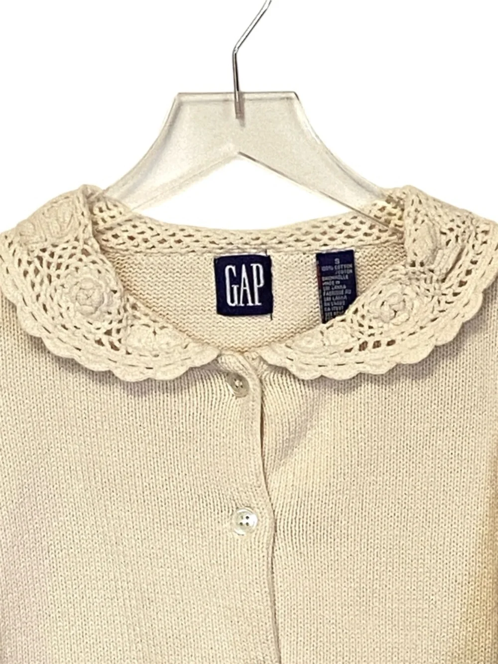 Vintage GAP Crochet Collar Cardigan Peter Pan Button Cottagecore Preppy Small - Picture 5 of 8